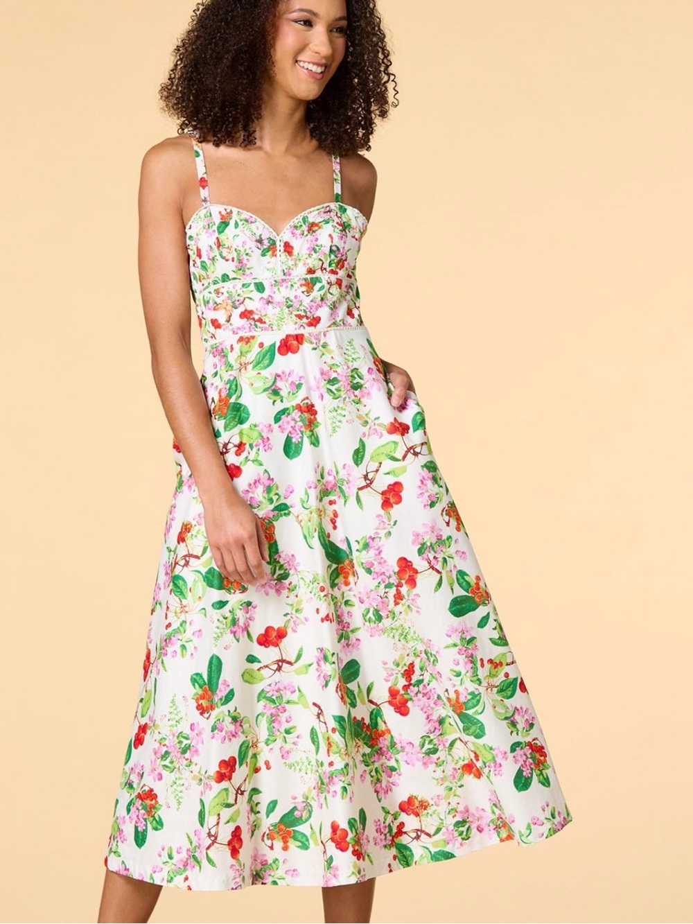 Taylor White Floral Sweetheart Strap Midi Dress with Green and Red Accents